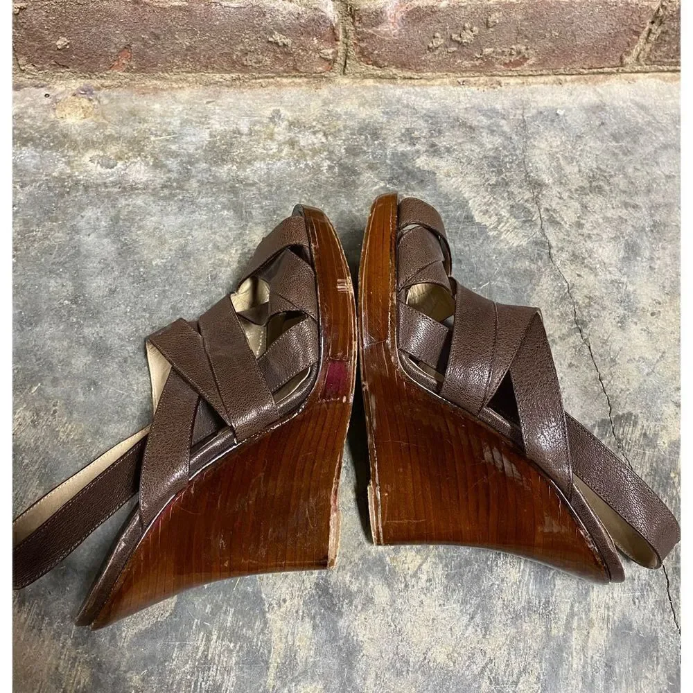 Michael Kors Brown Leather Strappy Platform Wedge Sandal Size 7